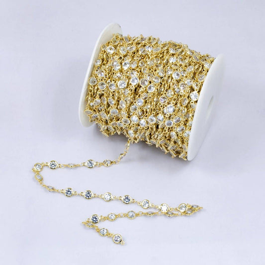 14K Gold Filled Clear CZ Round Bezel Unfinished Chain by Yard | Roll-1539
