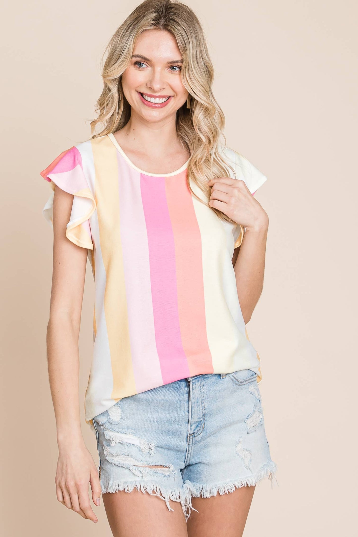 Bold Stripes Ruffle Sleeve Tee