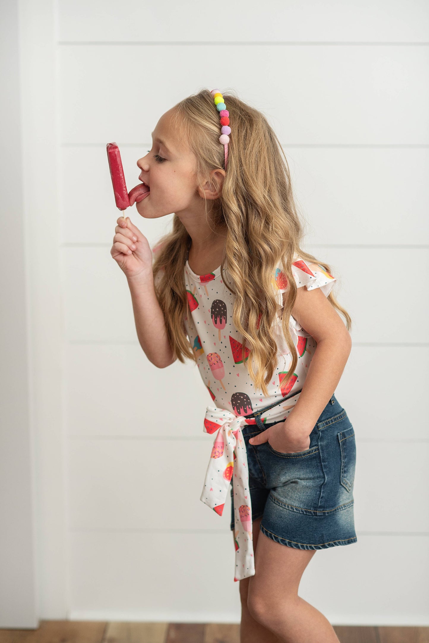 Kids Ice Cream Popsicle Flutter Top and Denim Short Set