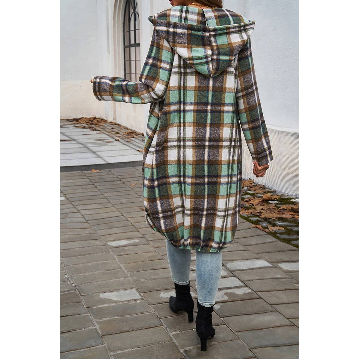 Plaid Zip Up Pockets Long Hooded Coat
