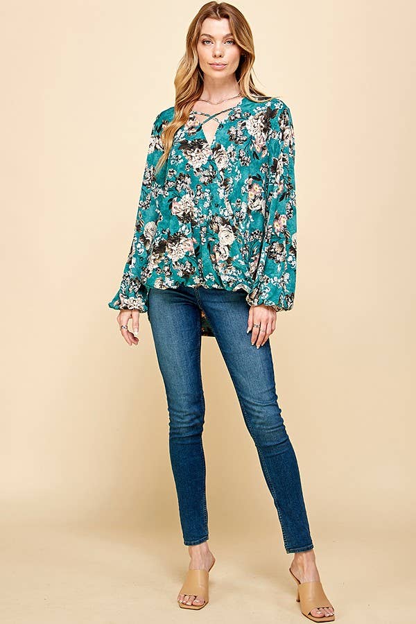 Plus Floral Criss Cross Cuffed Open Sleeve Top
