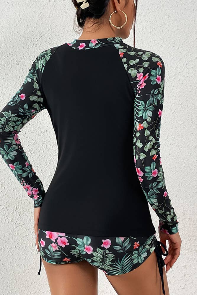 Zipper Down Floral Print Sleeves Rushguard 2pcs Set ZZKF636