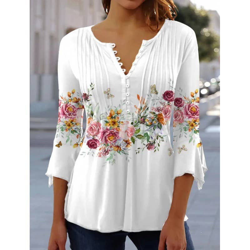 Floral Print V-Neck Short-Sleeved T-Shirt