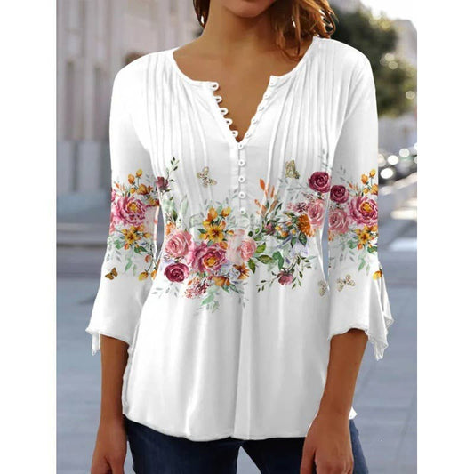Floral Print V-Neck Short-Sleeved T-Shirt