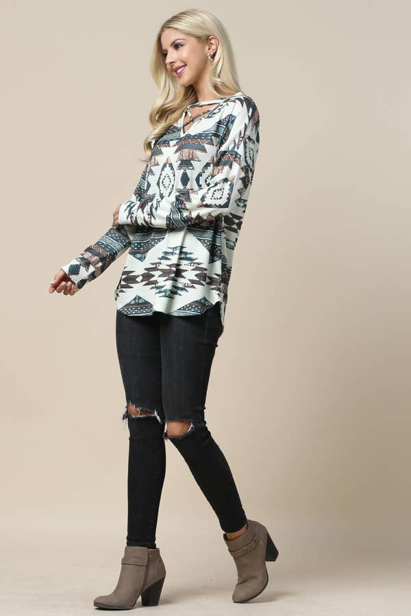 Aztec Print Cross V Neck Hacci Top - Ronnie