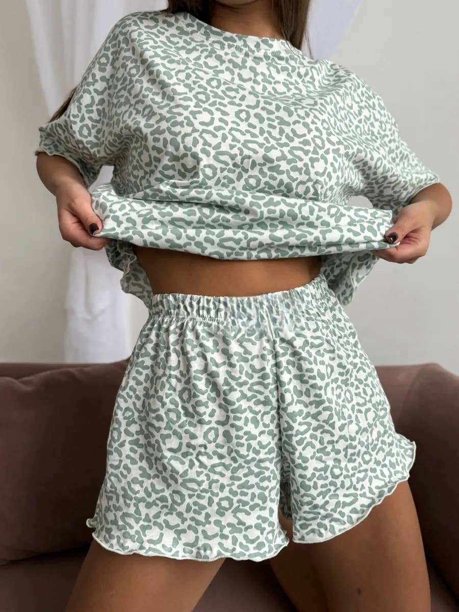 Leopard shorts pajamas 2pcs loungewear set