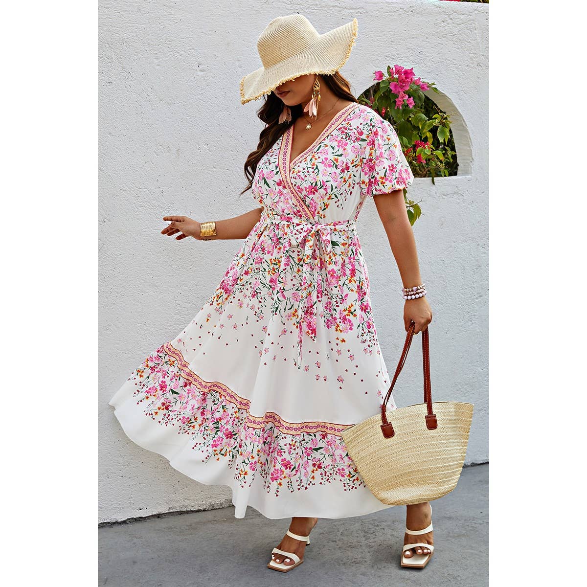 Plus Floral Print Wrap Ruffle Belt Knot Dress