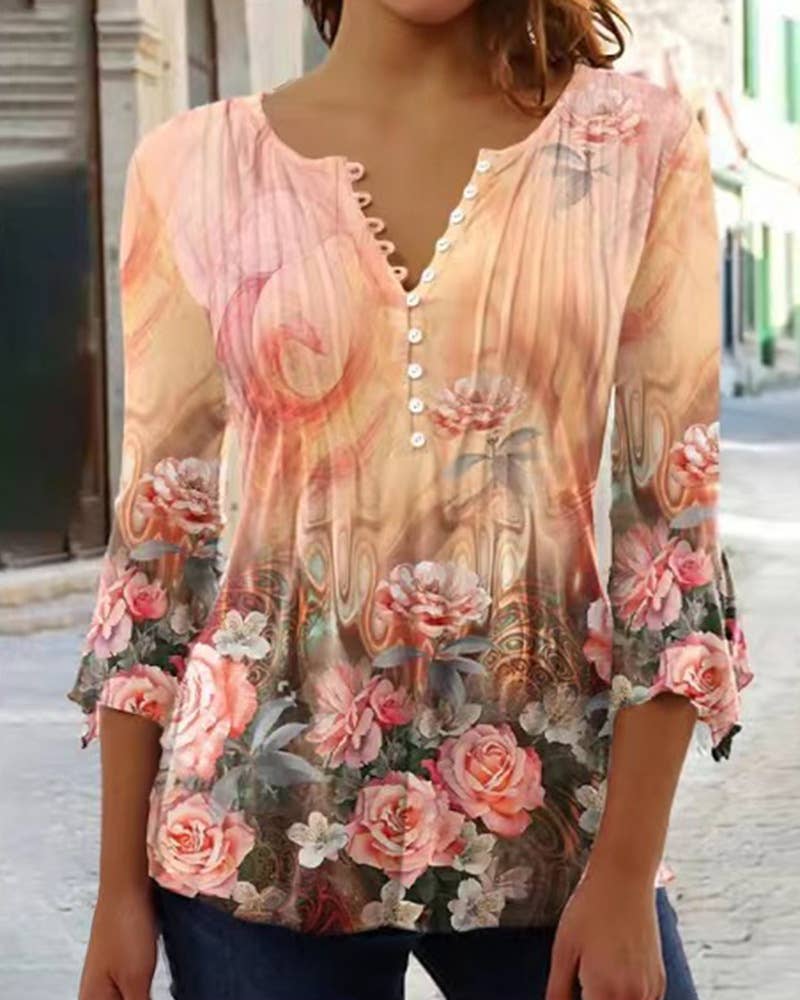 Floral Print V-Neck Short-Sleeved T-Shirt