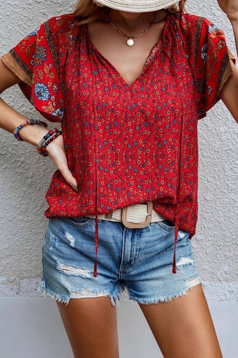 CASUAL BOHO V-NECK SHORT-SLEEVED SHIRT TOP