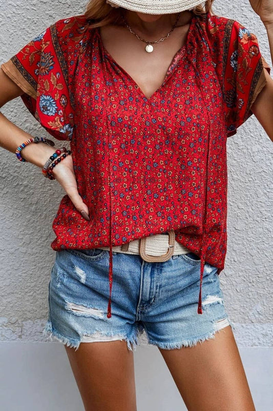 CASUAL BOHO V-NECK SHORT-SLEEVED SHIRT TOP