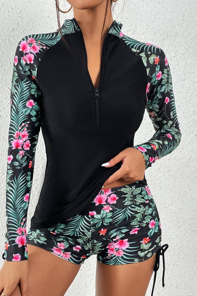 Zipper Down Floral Print Sleeves Rushguard 2pcs Set ZZKF636