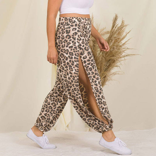 Plus Leopard Split Side Pants  Elastic Waist