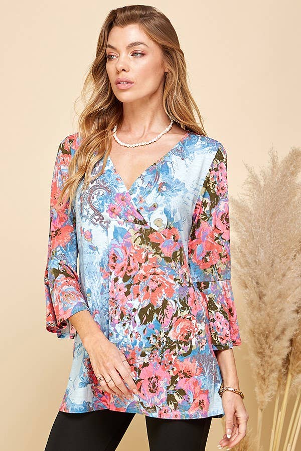 Women Floral Print 3/4 Sleeve Tunic Top