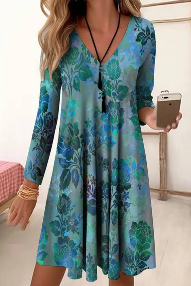 Printed V Neck Long Sleeves Dress