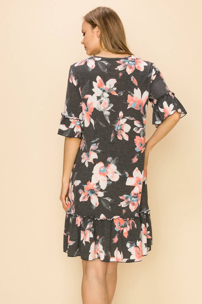 Women Floral Soft Midi Dress w/Ruffle