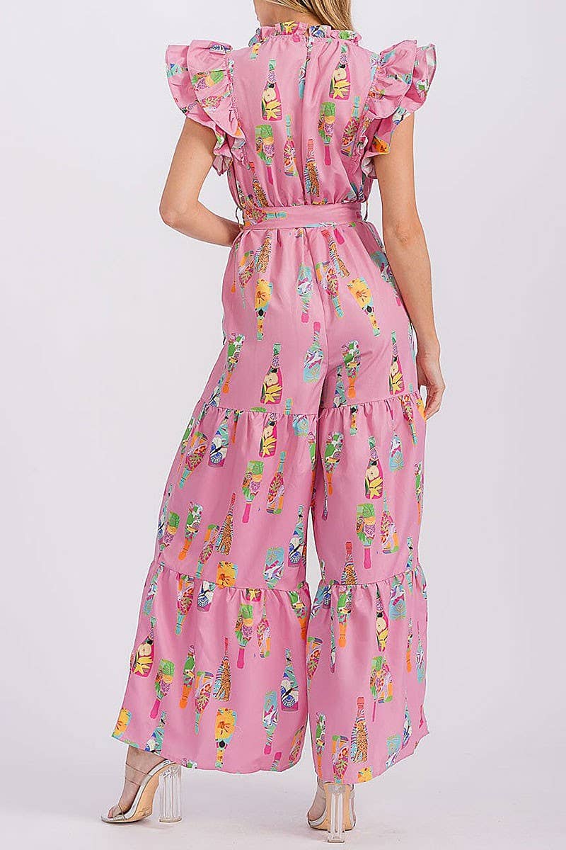 Printed Ruffle Sleeve Self-Tie Wide Leg Jumpsuit