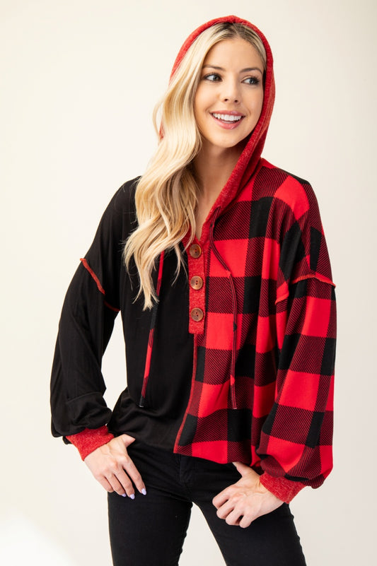 Color Block Plaid Hoodie