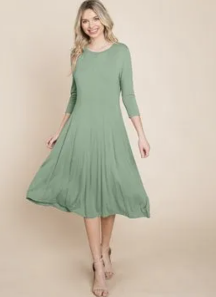 Pleated 3/4 Sleeve A line Flare Midi Jersey Dress 2XL / Sage