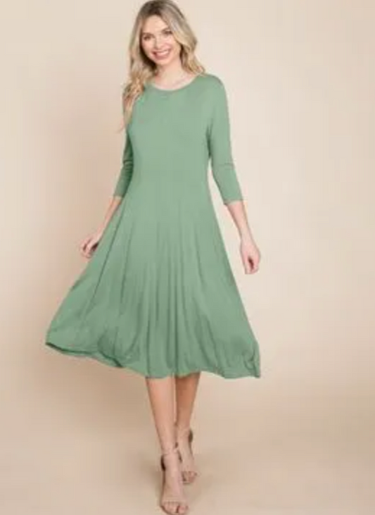 Pleated 3/4 Sleeve A line Flare Midi Jersey Dress