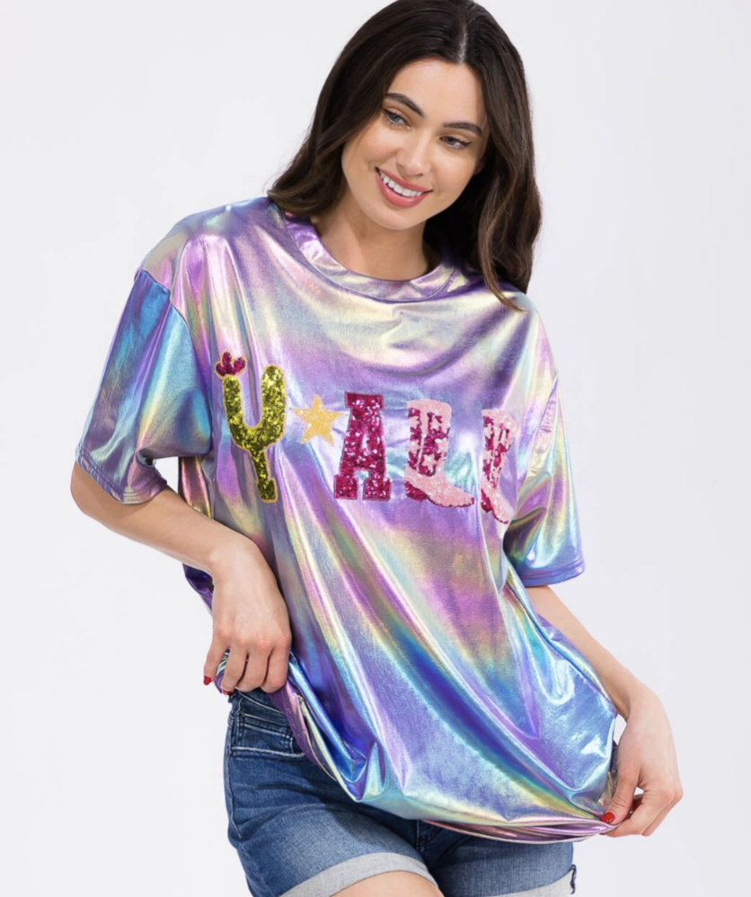 Women's Short Sleeve Metallic Tie Dye Graphic Top