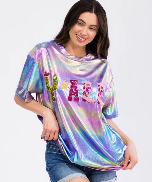 Women's Short Sleeve Metallic Tie Dye Graphic Top