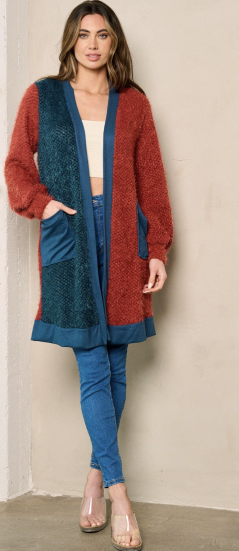 Women's Long Sleeve Open Front Pockets Colorblock Fuzzy Cardigan