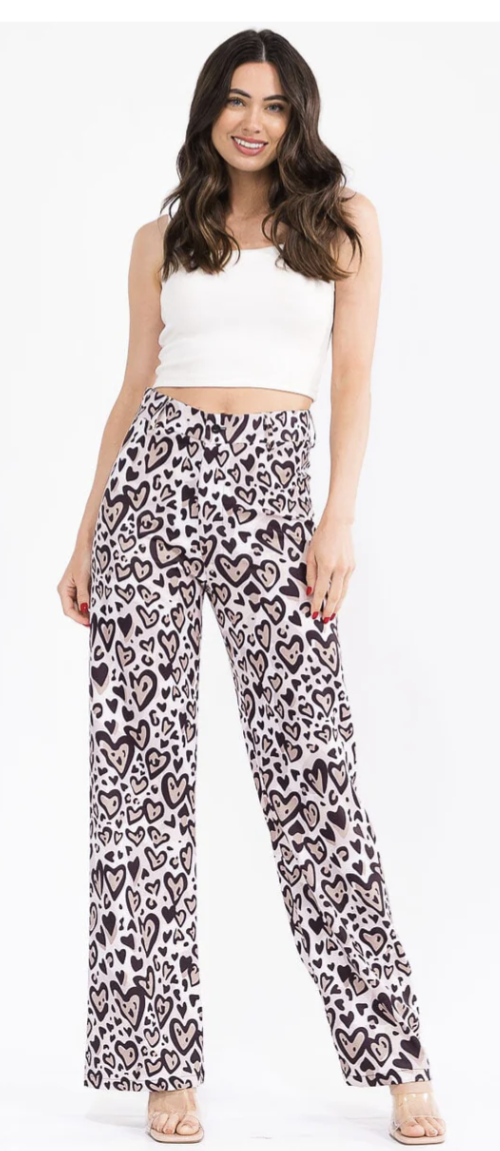 Women's Button Closure Back Pockets Wide Leg Hearts Animal Print Pants
