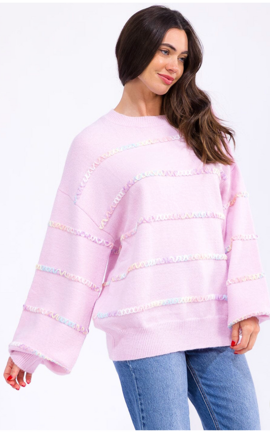 Women's Long Balloon Sleeve Multi Trim Detailed Pullover Sweater