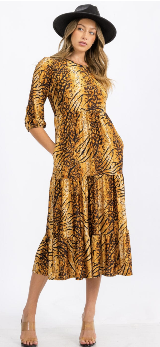 Women's 3/4 Sleeve Front Pockets Multi Print Tiered Midi Dres
