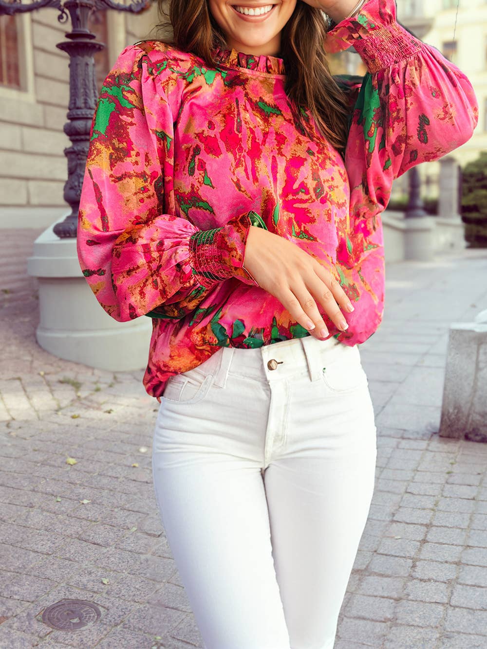 Abstract Print Frilly Neckline Long Sleeve Blouse