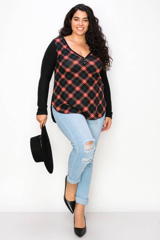 Plus Size Plaid Back Detail V Neck Top