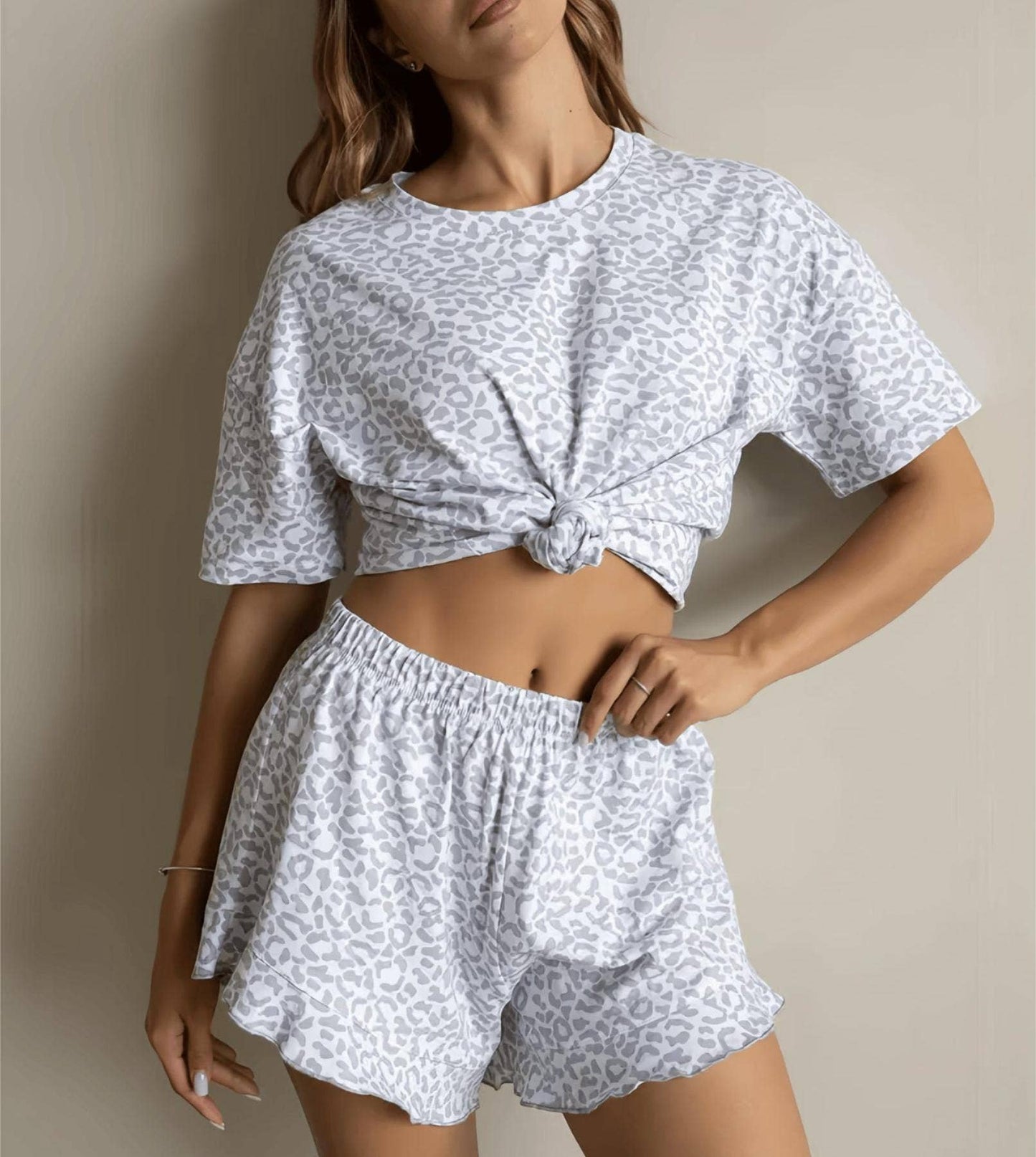Leopard shorts pajamas 2pcs loungewear set