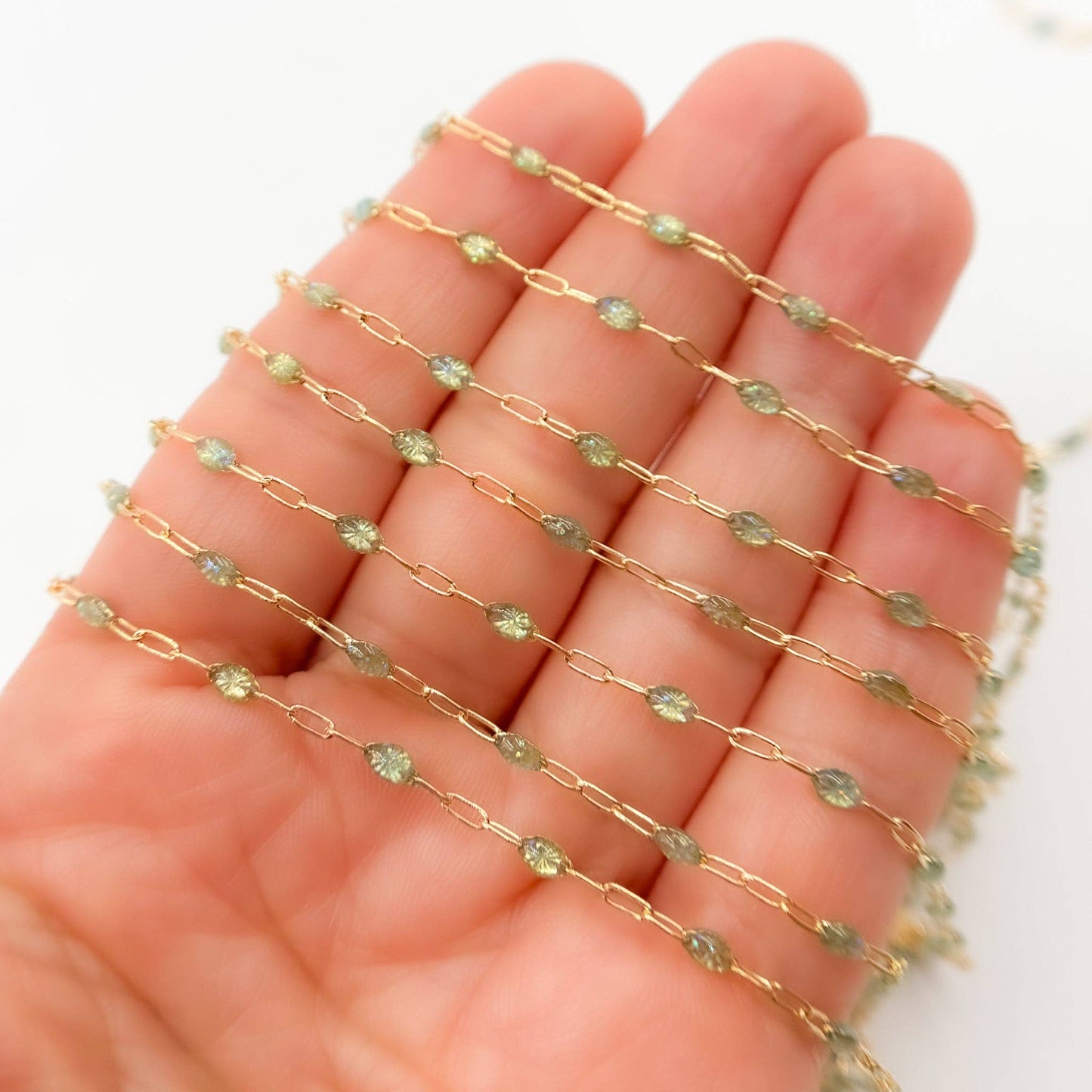 V250-OP3GF. Gold Filled Green Shade Color Opal Enamel Cable Chain