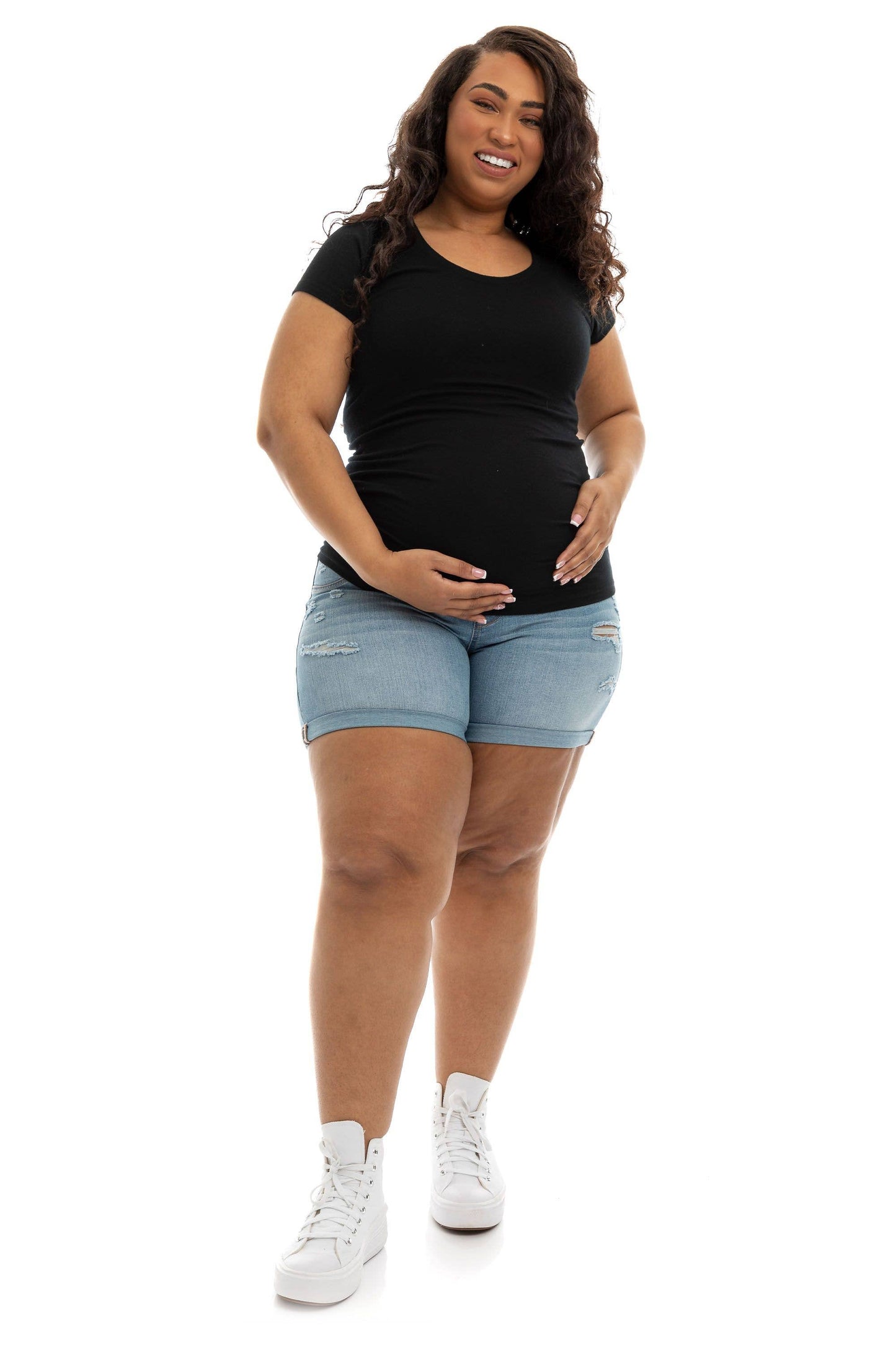 Maternity Plus Roll Cuff Jean Shorts w/ Bellyband in Ines