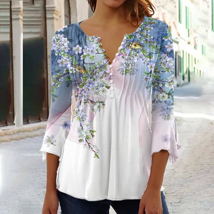 Floral Print V-Neck Short-Sleeved T-Shirt