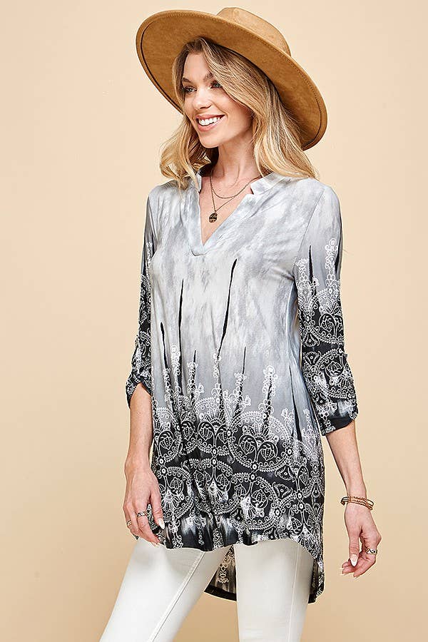 Women Paisley Tie Dye Roll Up Sleeve Tunic