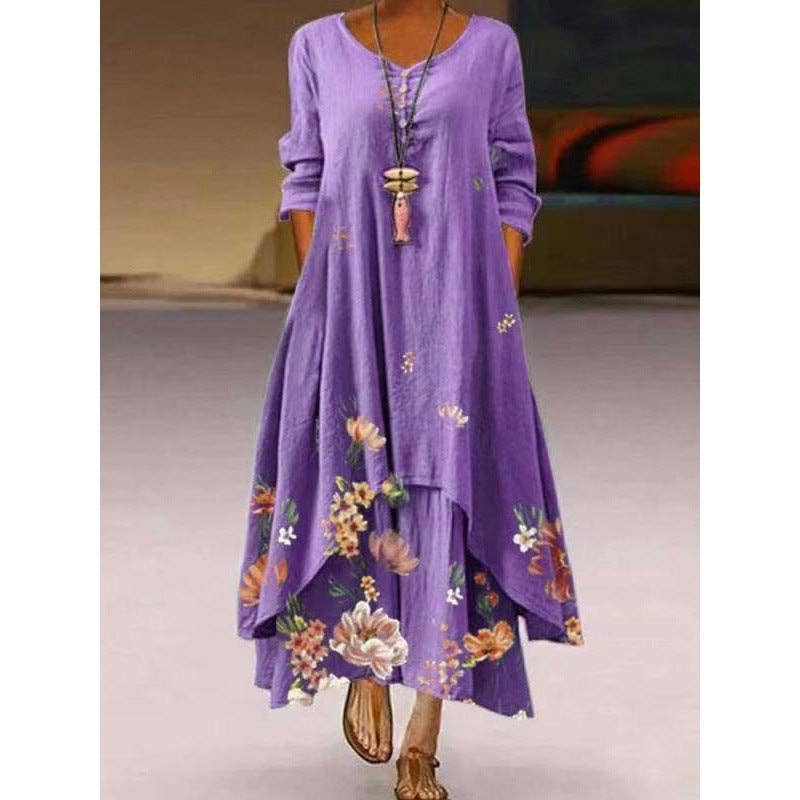Fashion Boho Floral Printed Long Sleeve Women Irregular Hem Maxi Loose Dress