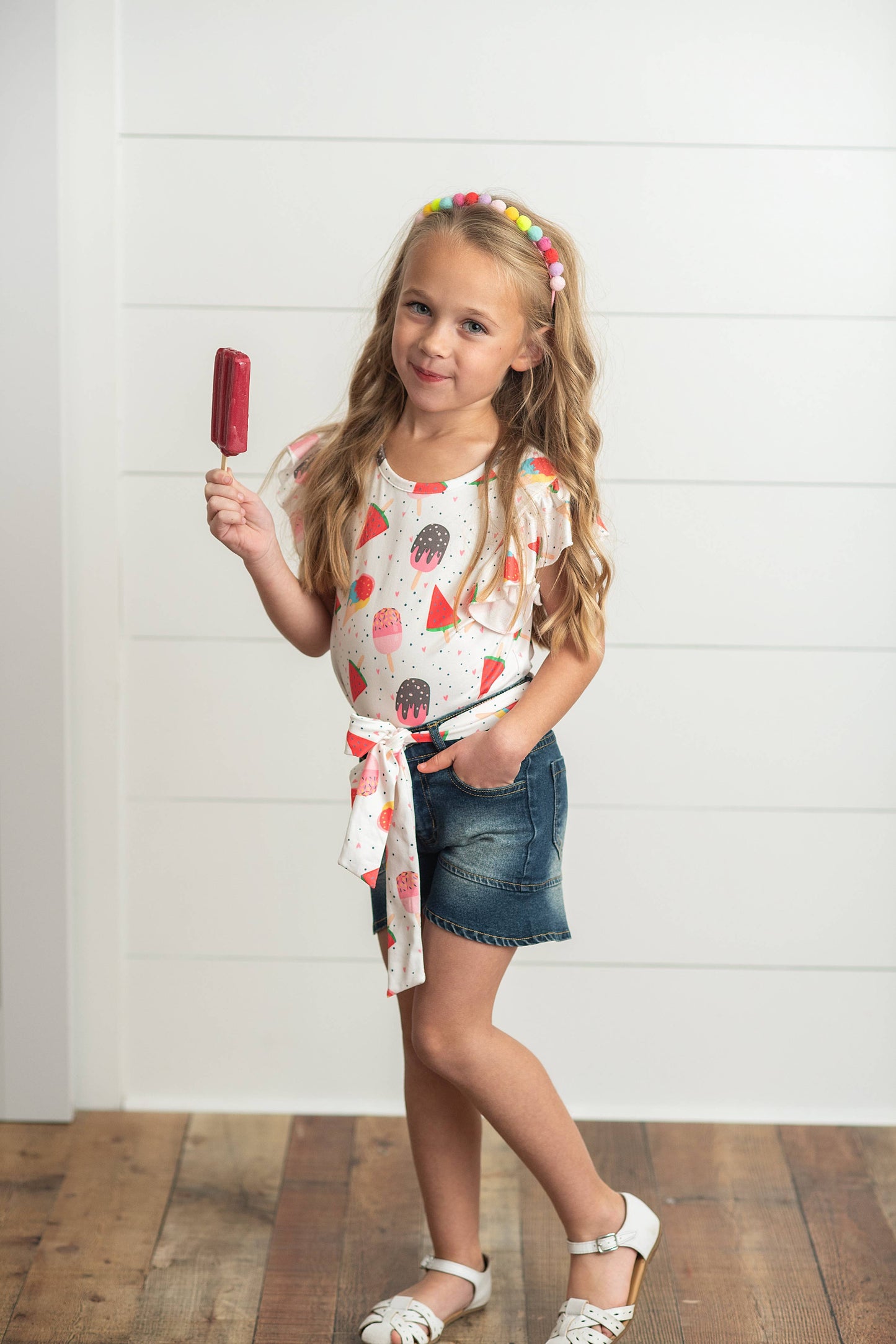 Kids Ice Cream Popsicle Flutter Top and Denim Short Set