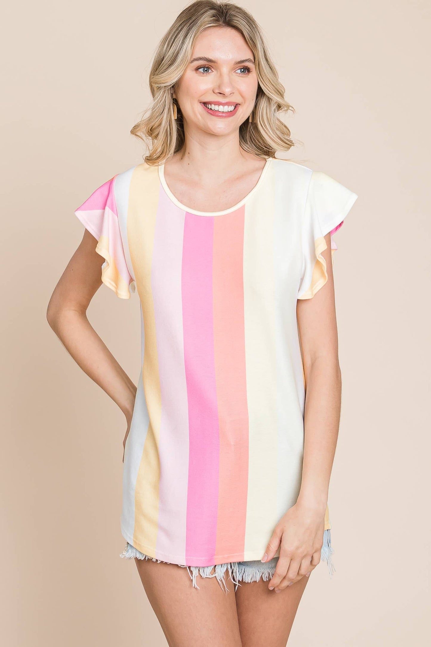 Bold Stripes Ruffle Sleeve Tee