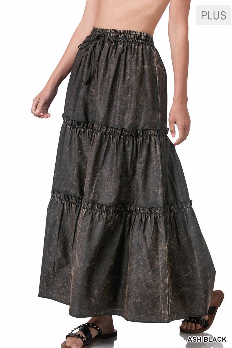 Plus Woven Acid Wash Tiered Ruffle Maxi Skirt