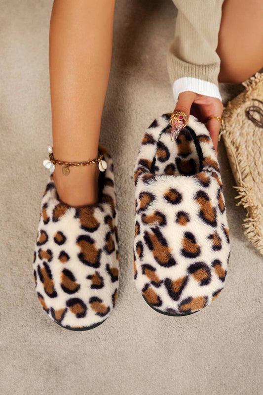 Leopard Plush Round Toe Flat House Slippers