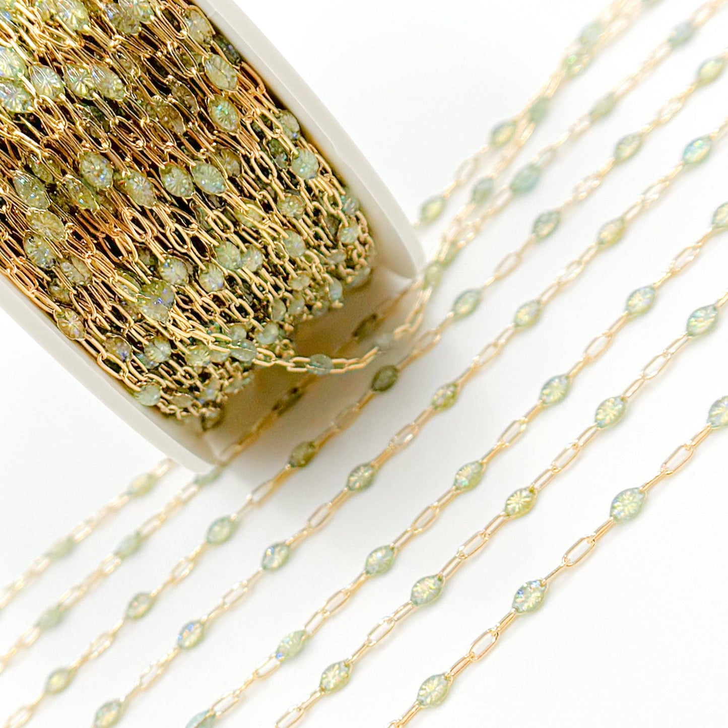 V250-OP3GF. Gold Filled Green Shade Color Opal Enamel Cable Chain