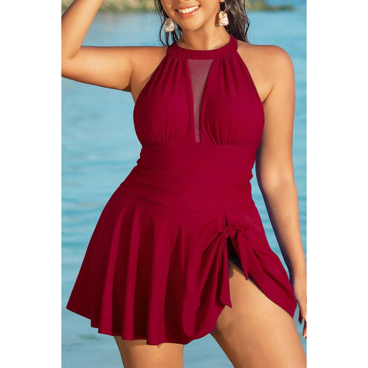Plus Size Halter Ruched Sleeveless Swim Dress