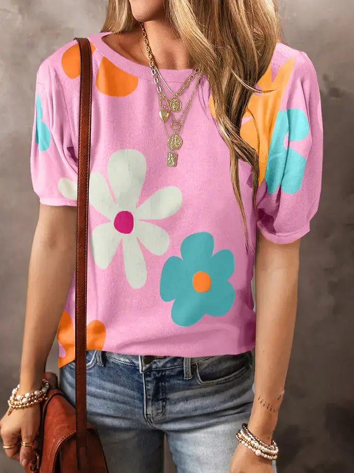 Colorful Floral Print Bubble Sleeve T-Shirt