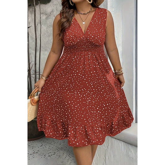 Plus Dot Print High Elastic Waist Ruffle Dress
