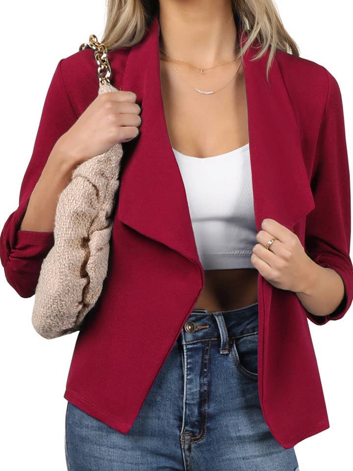 Casual Work Ruched 3/4 Slv Open Front Blazer Jacket