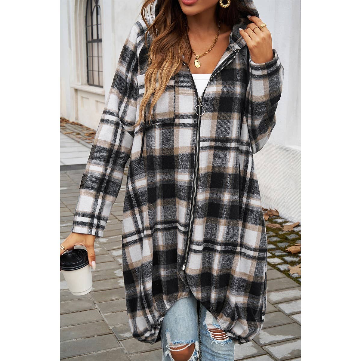Plaid Zip Up Pockets Long Hooded Coat