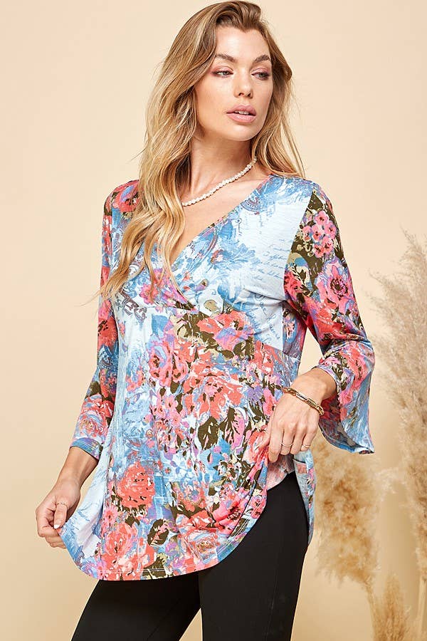 Women Floral Print 3/4 Sleeve Tunic Top