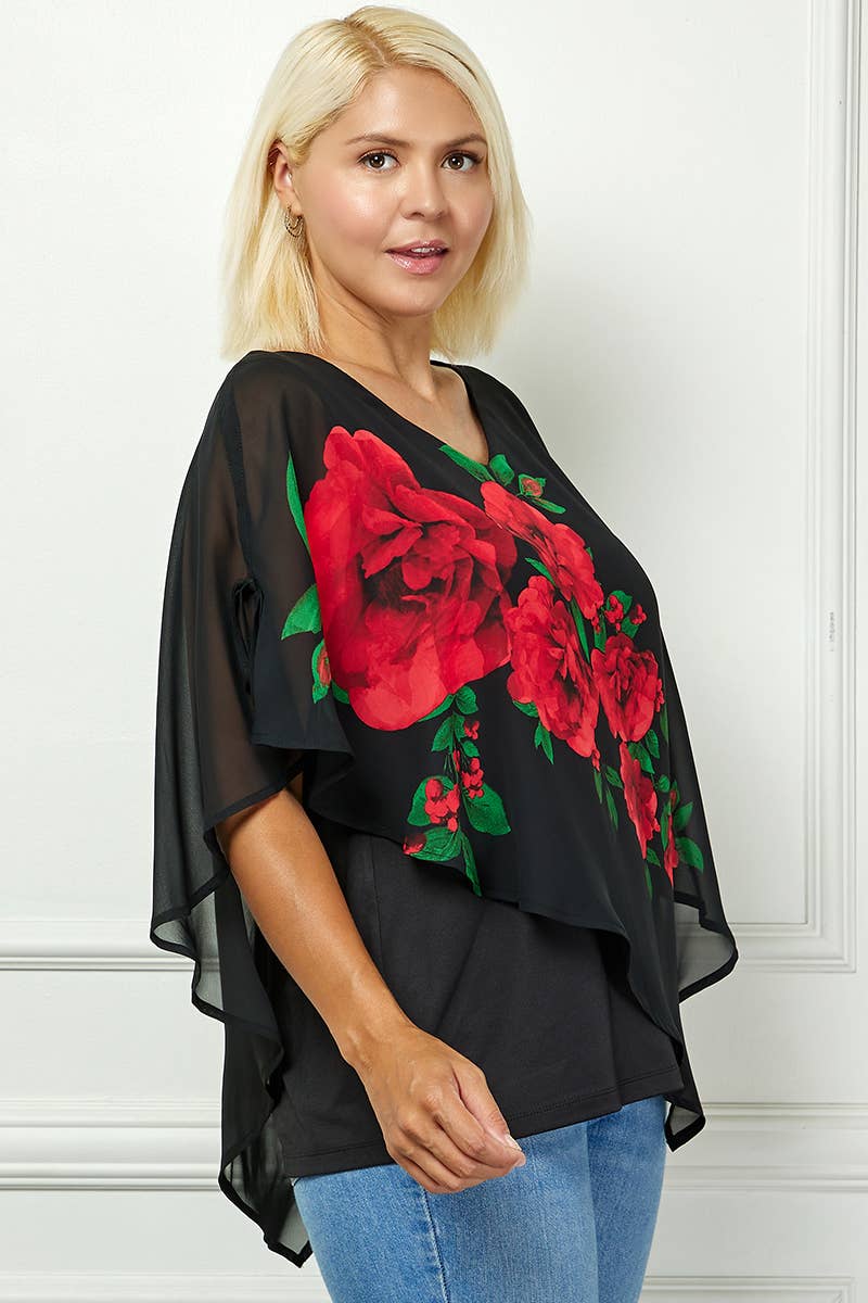 PLUS SIZE BLOOMING ELEGANCE PONCHO BLOUSE