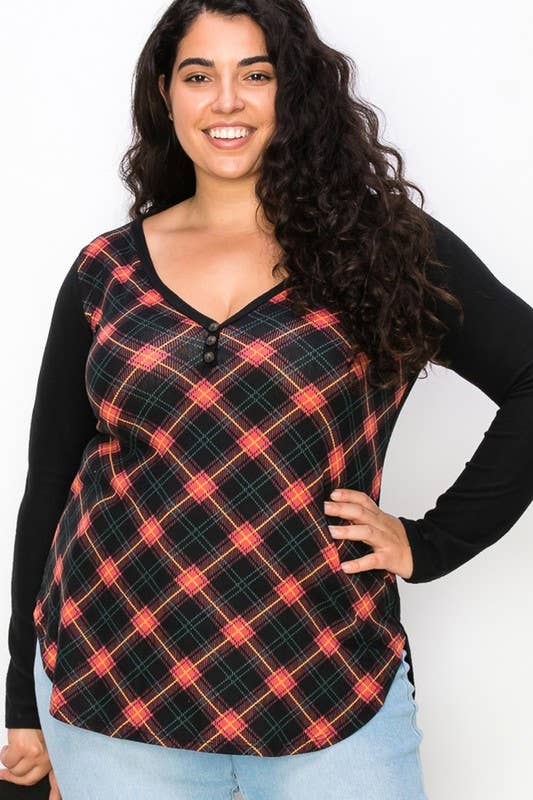 Plus Size Plaid Back Detail V Neck Top